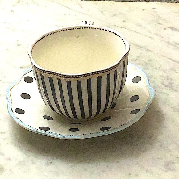 GRACES TEAWARE FLAT CUP SAUCER SET BLACK STRIPE & DOTS METALLIC GOLD DOTS NEW - Picture 5 of 14